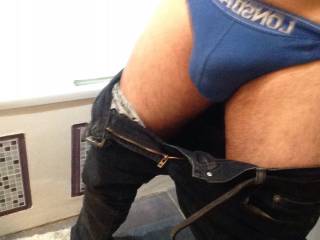 Jeans down cock bulging under my briefs