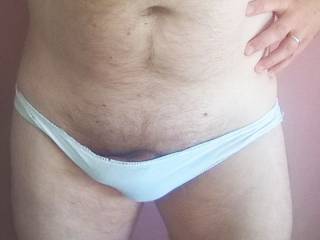 Wife\'s old white panties, a little loose, but still tight in the crotch area :)