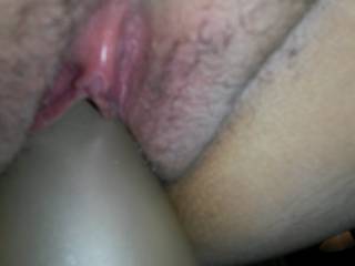 Fucking wife's little pussy hole with huge Toy