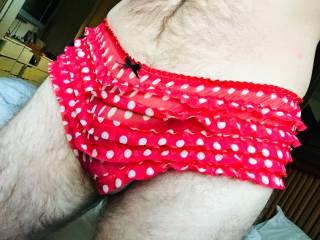 Frilly red and white polka dot panties stolen from my wife. I couldn’t resist. Do I need a spanking?