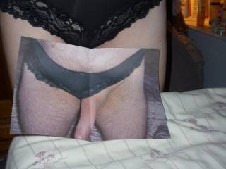 Zoig friend sent us a pair of his wife\'s panties and a pic of him wearing them.