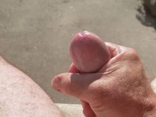 Between the warm sun on my naked body and hard lubed up cock  and the feeling of warm cum on my naked body, I\'d say it\'s a great day  ,anyone care to join me  seems a shame to waste all that cum.