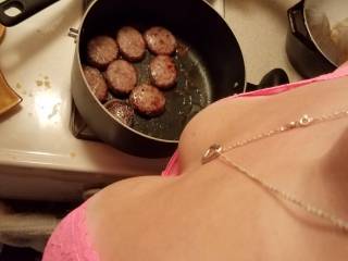 Sausage, Bacon, and Boobs.  Got a little grease on my tits