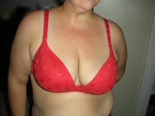 My wife's wonder breast in a stunning red VS bra.  What do you think?