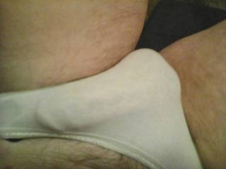 As requested, his cock and balls in my white cotton panties.