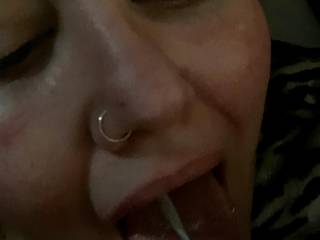 Giving her a big load of cum in her mouth, she swallowed all.
