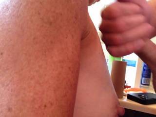 My wife caught me jerking off and wanted to know if there was anything she could do to help. I asked her to take her shirt off and let me cum on her awesome small tits. Not as good as her wonderful BJ\'s, but sometimes you have to take things into your own