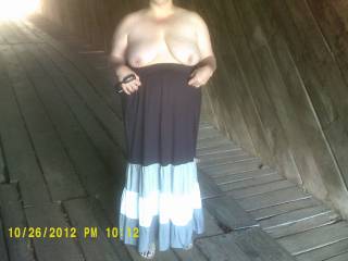 Wife flashing me those big titties while visiting a historic covered bridge