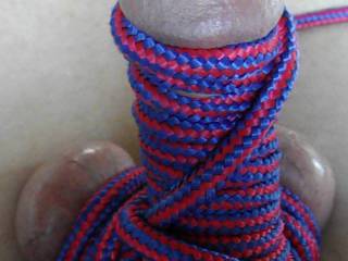 Cock self bondage with blue and red rope