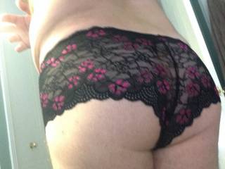 Me wearing the wife’s panties. View from the back side.