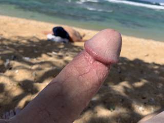 Enjoying the nude beach in Hawaii. Dick hard with my wife laying out in front of me.