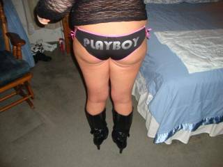 Got her to model her new playboy panties and can\'t decide which pic is the best. What do you think?