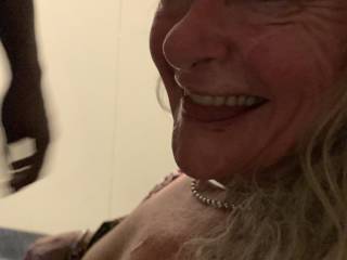 Porn theatre fun! I had so much cum on my tits and face!