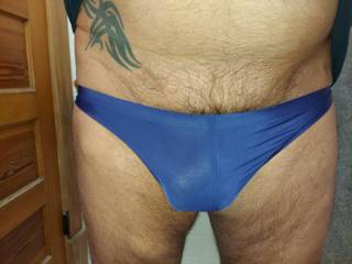 spandex Blue Thong
Rated a 9
Fit great 
Feels awesome 
Looks naughty 
 Approve by "CAMERA SLUT "