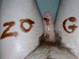 It looks like some of the pic will be cut off for some reason, but it\'s actually a pic of me with ZOIG! across my legs (and cock) in chocolate body wash.