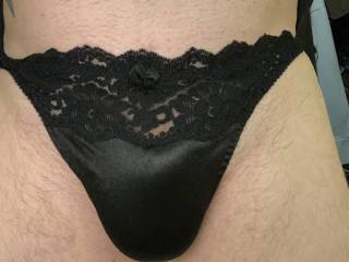 Black VS second skin satin thong with some lace.
