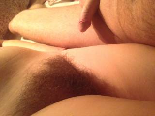 Hubbys shaved cock next to my very hairy pussy. Opposites attract