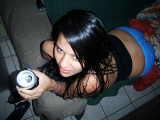 Blue undies on this Latina girl..."a hot woman and cold beer"...