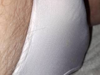 My wife's panties are almost see through. 
My cock is hard rubbing it with her dry pussy juice.
It makes me cum almost instantly when I sick her pussy juice out of her worn panties