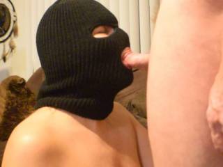 After several min of sucking his cock I put on the mask and he blew his load all over me most ended up on my tits.