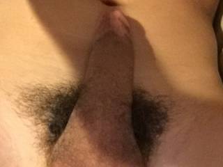 taking a picture of my small hairy dick