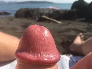 close up shot of some precum starting to leak out at the beach