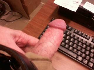 on line friend got me excited so I had to whip out my erect cock...at work!