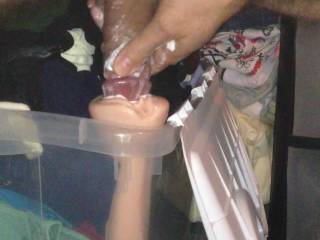 Got my cock all lubed up and ready to fuck my pocket pussy.  Look at the bulging pussy that could be you with my cock in you