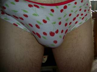 Hubby wearing my undies..lol .. Check out that bulge..