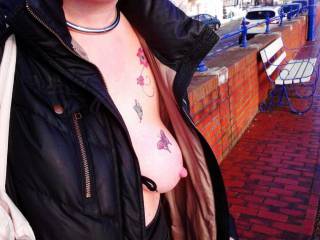 My Submissive was not allowed a top under her coat... But then had to send pics of her tits exposed in a public place... The Promenade of an East Sussex seaside town.