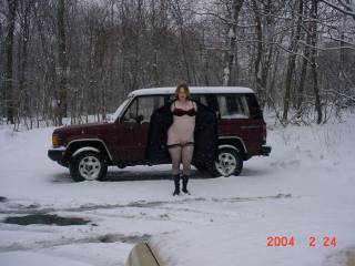 Here is my wife again when she was pregnant and still flashing.  Another shot of her posing with a strangers car that was parked there when we got there.  Hoping her was around somewhere watching us.