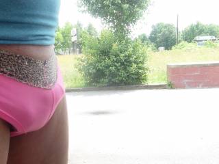 you'd better not let me catch you outside in your pink panties! i'd never turn that lovely cock loose! very pretty picture...