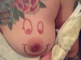 We were playing a foreplay board game and had to bust out a drawing on her boobie.
