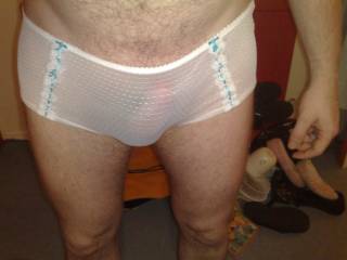 Very sexy panties and your cock looks good in them.  Want to see you filling those panties with cum.