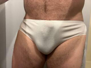 She got New white cotton panties. I had to try them on.