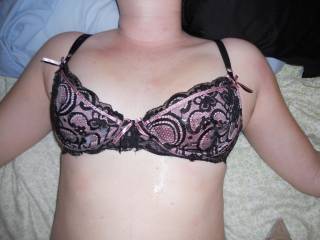 Didn't have much left to give but still managed to make a mess out of her cute bra! where should I shoot my load next?