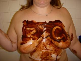 Jen\'s tits covered in chocolate just for Zoig.
