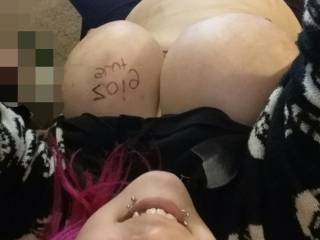 Need a cock between these tits..who wants to see me without the eyes covered ask me how ;)