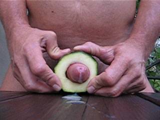 I really enjoyed seeing your big knob and foreskin squeeze back and forth through the zucchini. Also, it actually made me jump when your big cum spurt shot out.