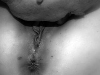 husband spreading me wide and eating my pussy..photo in black and white