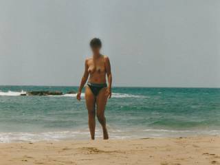 Holiday in Greece early nineties, my wife showing her gorgeous tits on the beach