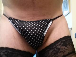 You look so sexy in your soft sexy polka fit thong and you lace top stockings....makes me so horny when I see you in your lingerie.