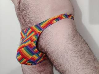 Slowly finding that thongs ain\'t so bad...certainly show off a hard cock better than boxers do!