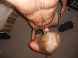 Imagine - this is your view as you are standing behind her.  She Loves mfm's so she's love having you there.  Her pink fingernails look so hot holding my cock, she absolutely Loves her cocktime.  Do you wish you could tell her to spin around?