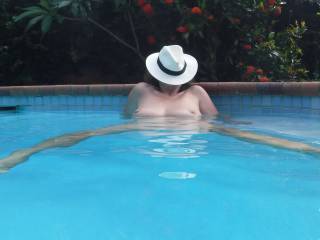 Relaxing in the swimming pool at home.
You can just swim across and stick your big cock inside me now.