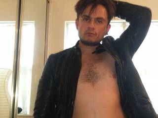 naked hairy sweating under that leather,and my soft cock buried underneath that bush any girls or guys feeling dirty or kinky?