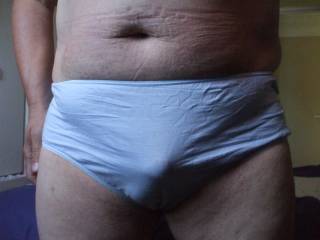 In my wifes panties.I love female panties they feel sexy mmmmmm!