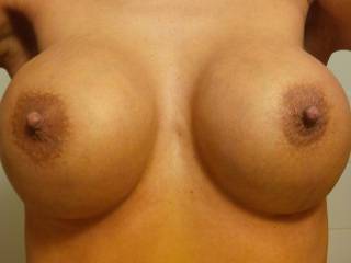 My God your breasts are stunning and mouthwatering! I wish I could kiss, lick and suck on your nipples and areolas plus massage your breasts.