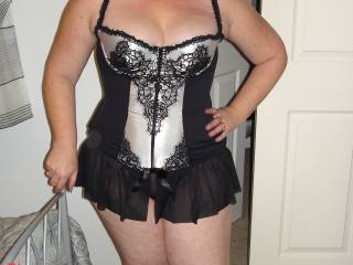 Anita in her new sexy outfit to wear to our first swingers club