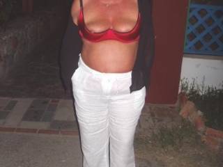 delightful pic :0 would be a pleasure to play with you guys outside and cum all over those lovely tits - that is a very nice idea :)